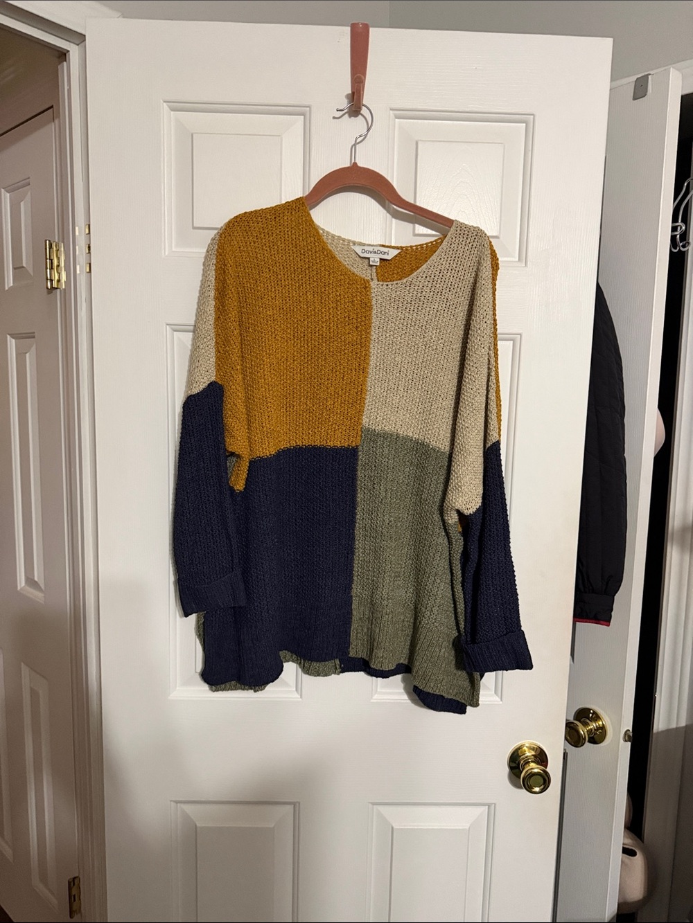 DAVI & DANI Navy, Mustard, Cream & Olive Block Knit Crewneck